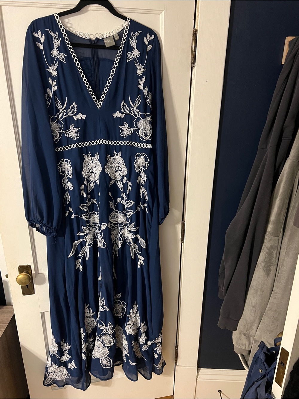 ASOS Navy Blue Maxi Dress with White Floral Embroidery